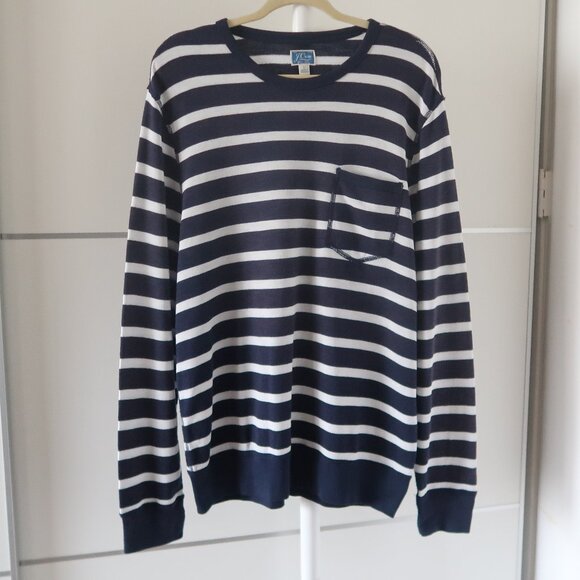 NWT J.Crew 100% Cotton Navy & Off White Striped Long Sleeve Pocket Tee Shirt L - Picture 2 of 8